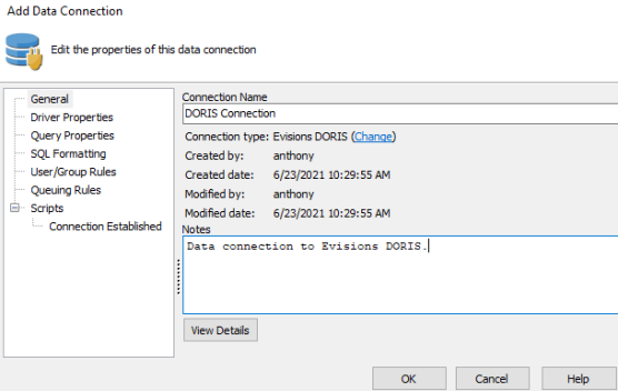 Parameters for the General tab, configuring the Evisions DORIS data connection. 